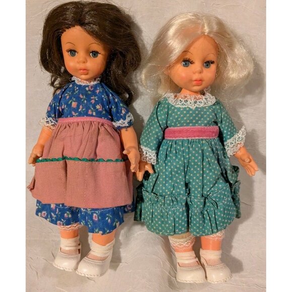 2 Vtg Dolls Rooted Eyelashes Hong Kong Blonde Brunette Cottagecore TLC 9" Set Of - Picture 14 of 14